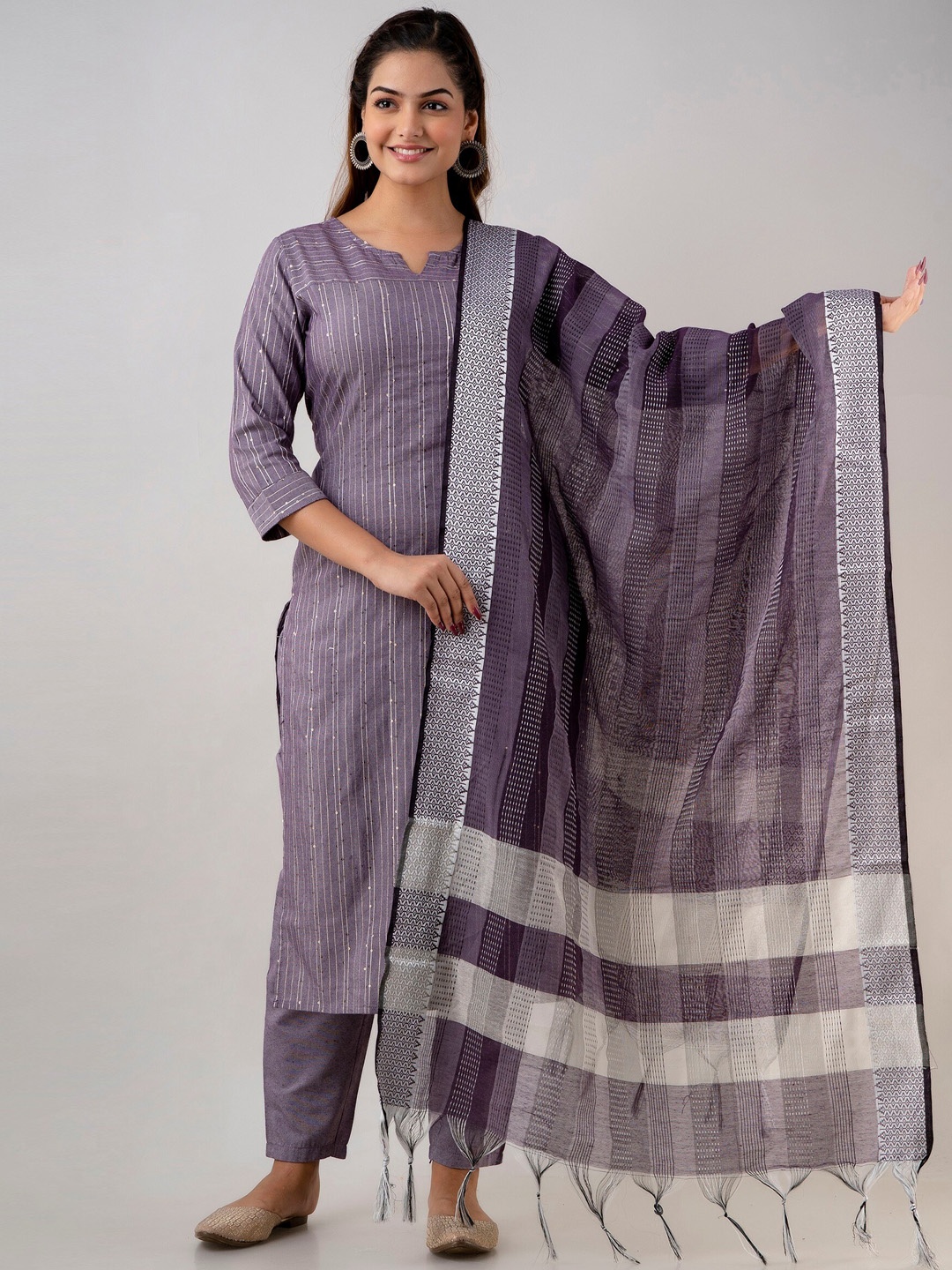 

KALINI Striped Regular Sequinned Kurta With Trousers & Dupatta, Purple