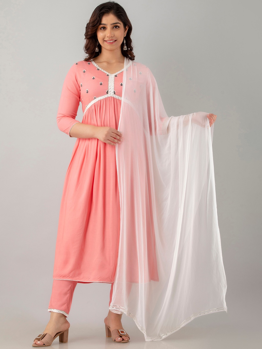 

KALINI Floral Yoke Design Pleated Thread Work Kurta With Trousers & Dupatta, Peach