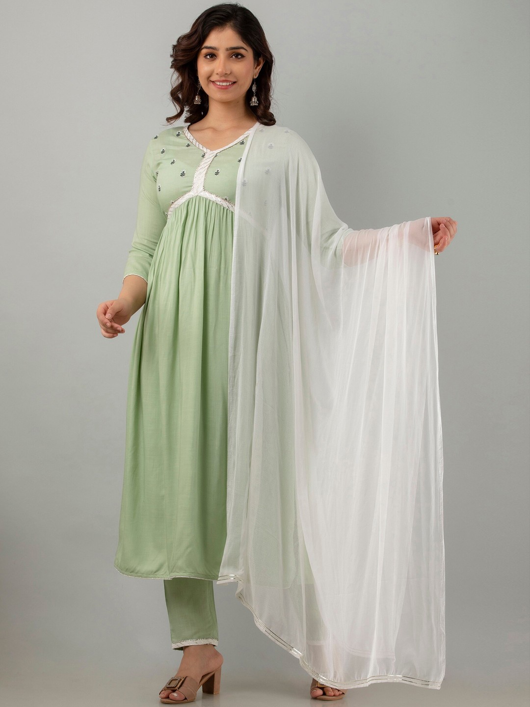 

KALINI Floral Embroidered Empire Kurta with Trousers &Dupatta, Green
