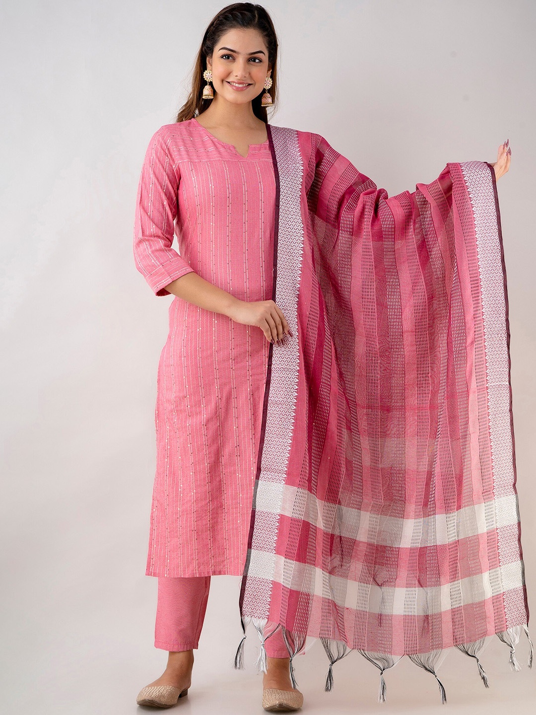 

KALINI Striped Sequinned Straight Kurta & Trousers With Dupatta, Pink