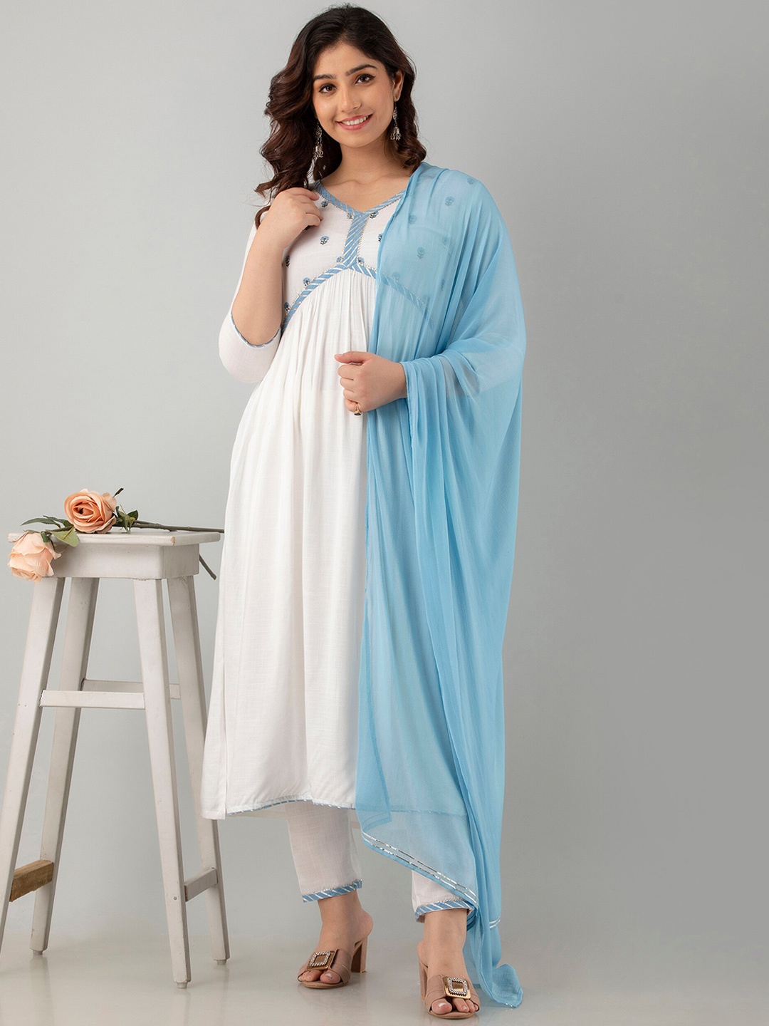 

KALINI Floral Embroidered Empire Kurta With Trousers & Dupatta, White