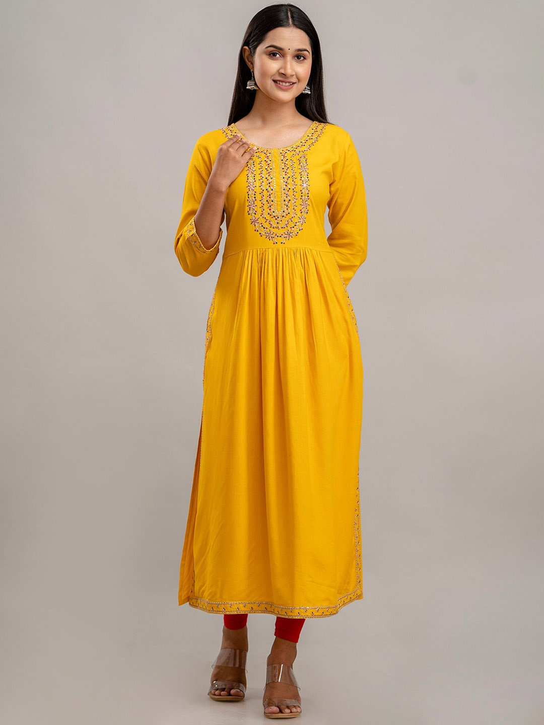 

KALINI Floral Embroidered Round Neck Sequinned Pleated A-Line Kurta, Yellow