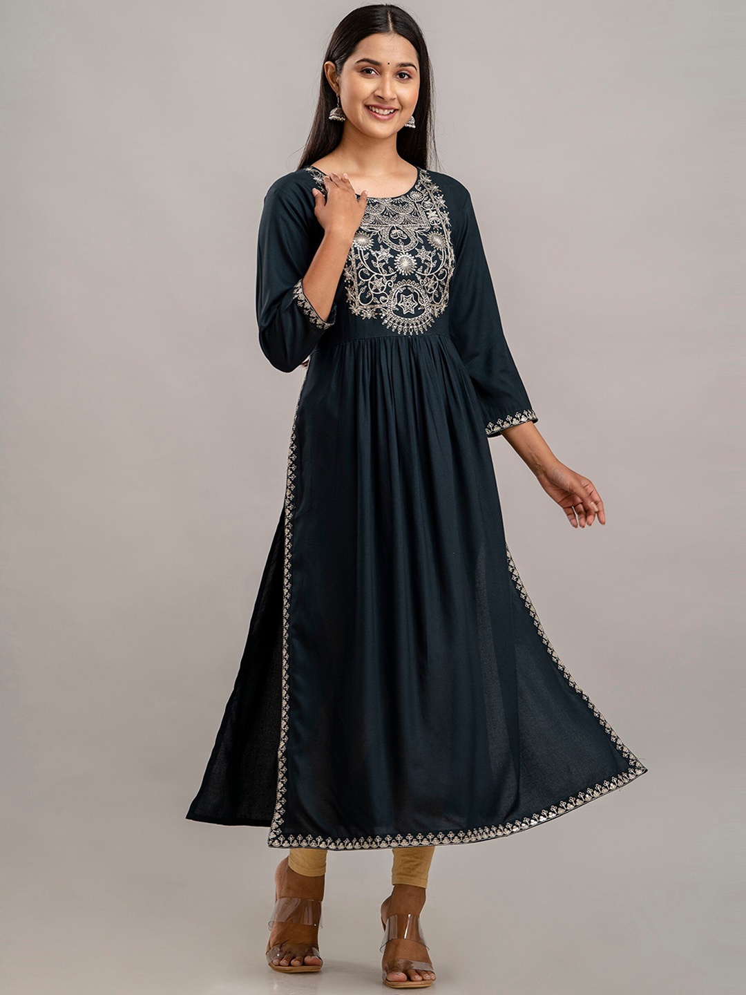 

KALINI Yoke Design Thread Work A-Line Kurta, Blue