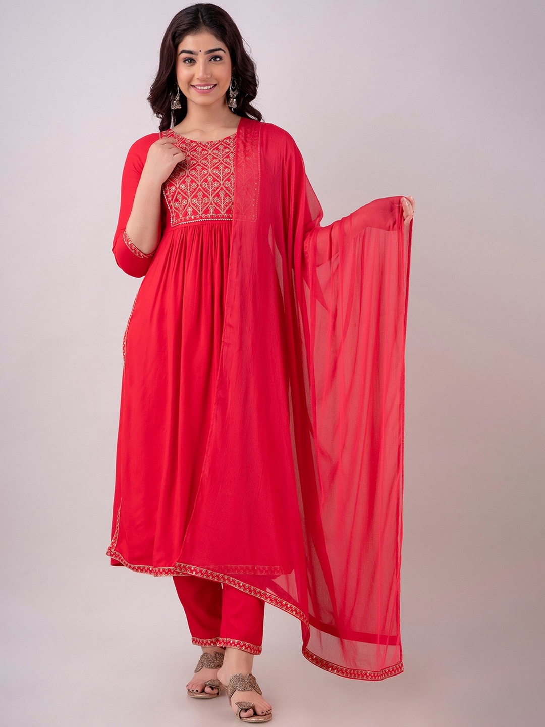 

KALINI Ethnic Motif Yoke Design Straight Kurta & Trousers With Dupatta, Fuchsia