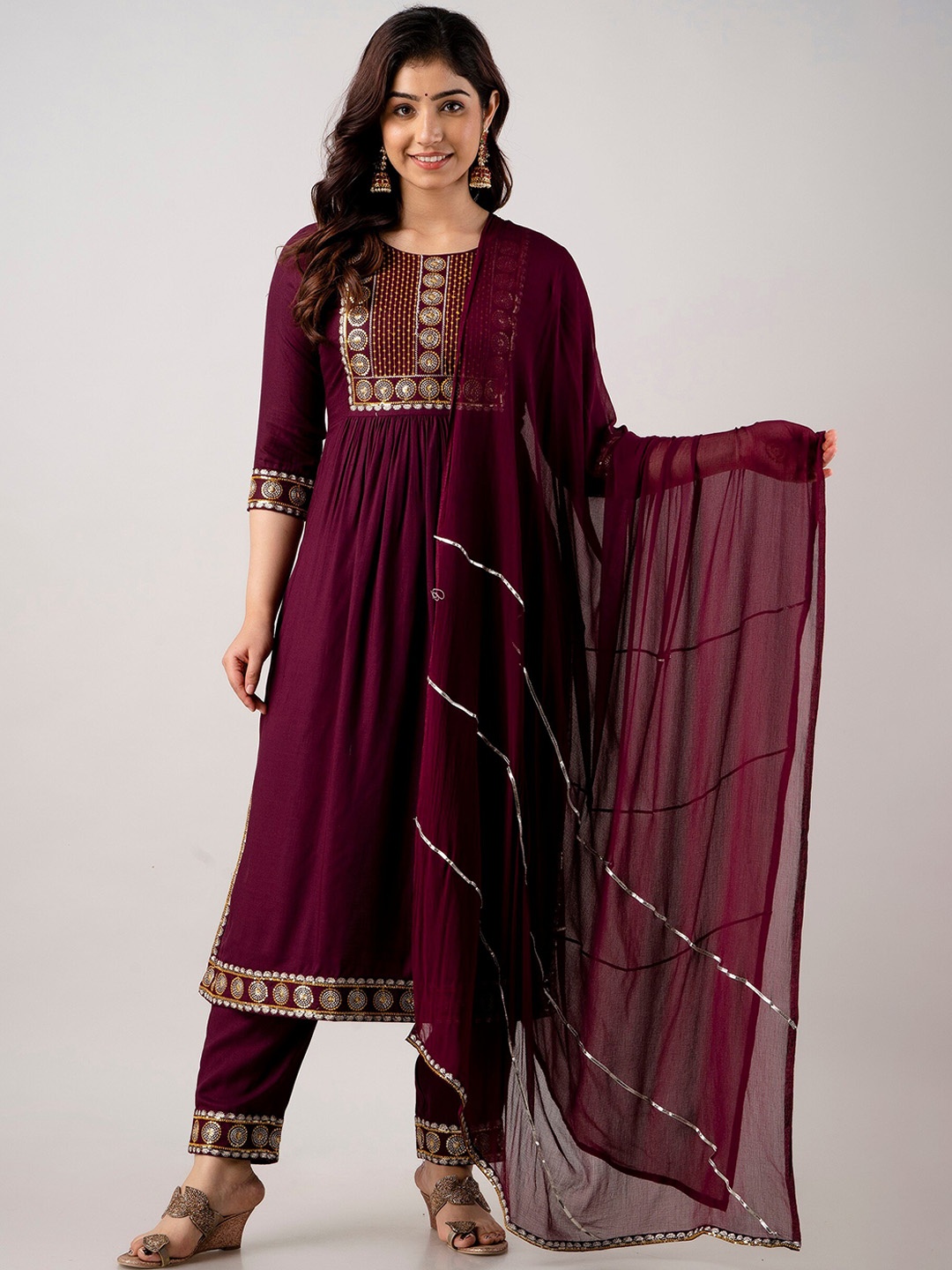 

KALINI Ethnic Motifs Embroidered Straight Kurta & Trousers With Dupatta, Burgundy