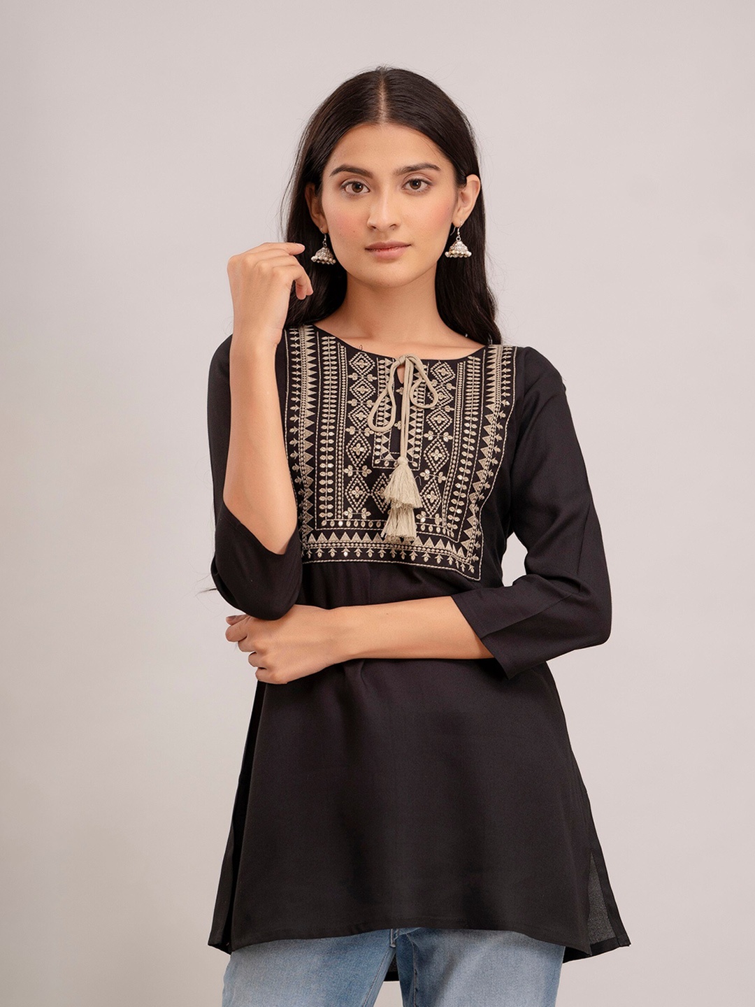

KALINI Geometric Embroidered Tie Up Neck Kurti, Black