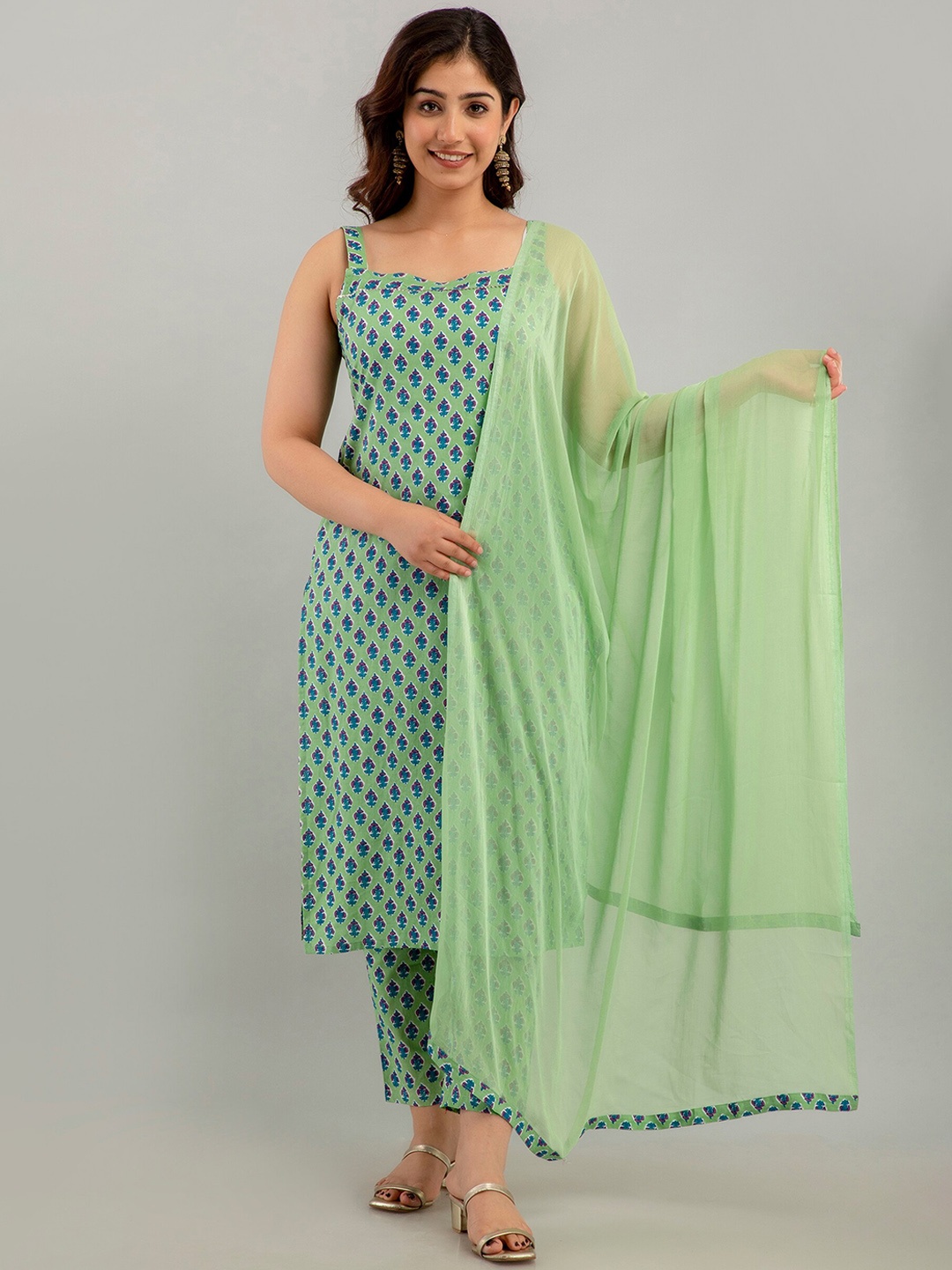 

KALINI Ethnic Motifs Printed Square Neck Pure Cotton Kurta with Trousers & Dupatta, Green
