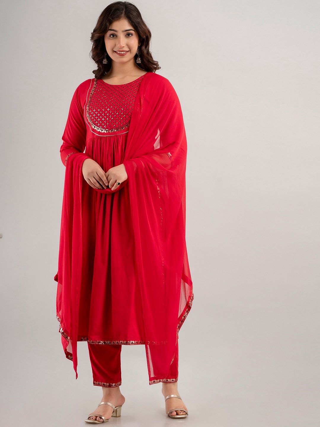 

KALINI Embroidered Empire Sequinned Detail Straight Kurta With Trousers & Dupatta, Pink