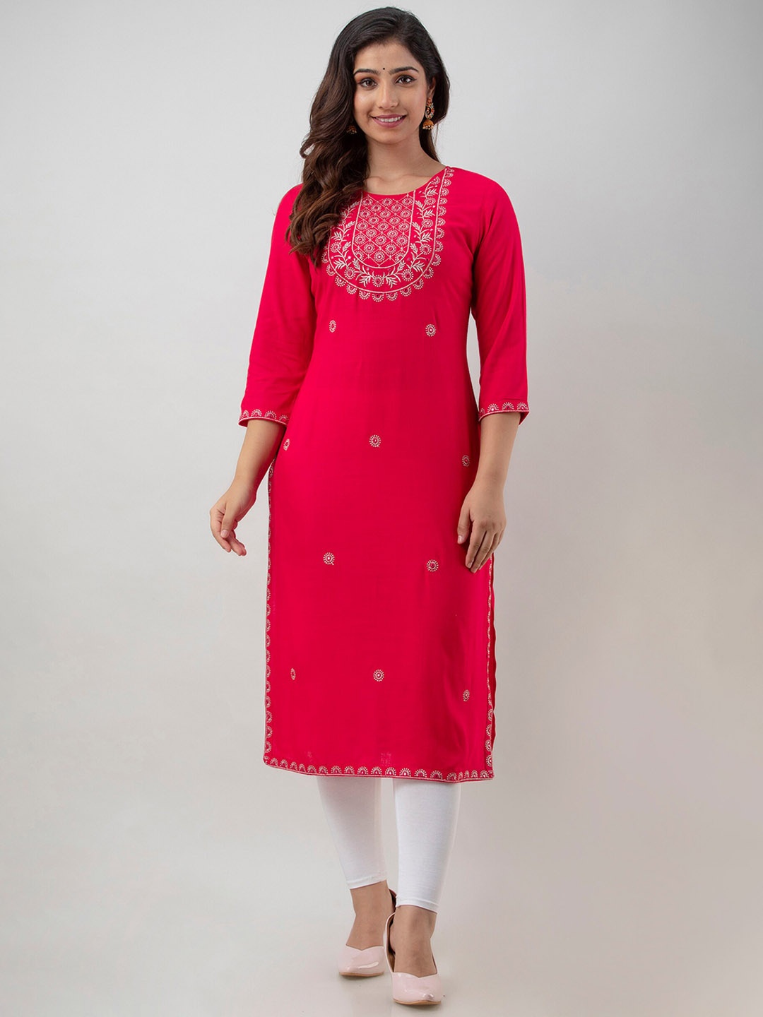 

KALINI Ethnic Motifs Embroidered Thread Work Straight Kurta, Pink