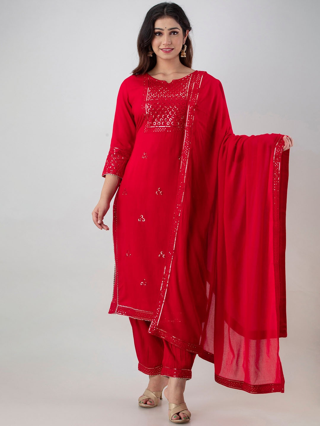 

KALINI Ethnic Motif Embroidered Sequinned Straight Kurta with Trousers & Dupatta, Red