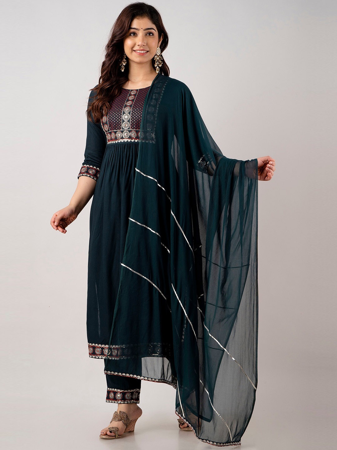 

KALINI Ethnic Motifs Embroidered Straight Kurta & Trousers With Dupatta, Teal