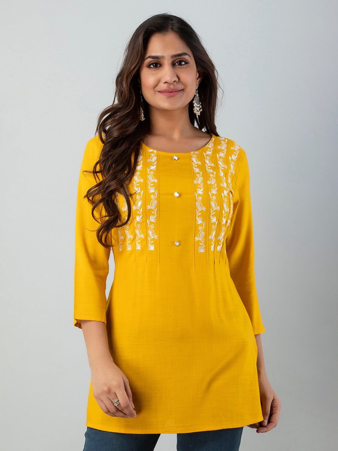 

KALINI Floral Embroidered Round Neck Kurti, Yellow