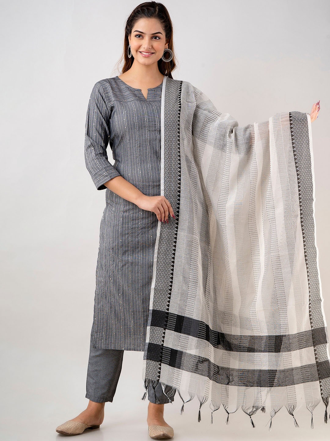 

KALINI Striped Sequinned Detail Straight Kurta with Trousers & Dupatta, Grey