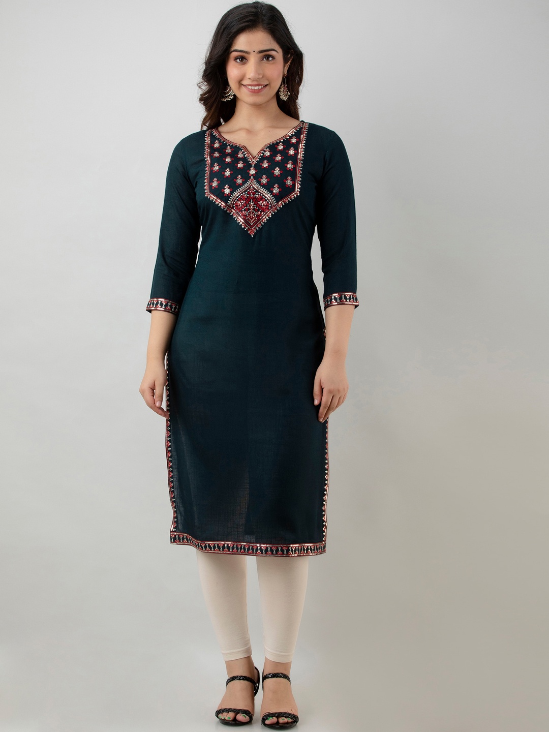 

KALINI Floral Yoke Design Sweetheart Neck Sequinned Straight Kurta, Teal