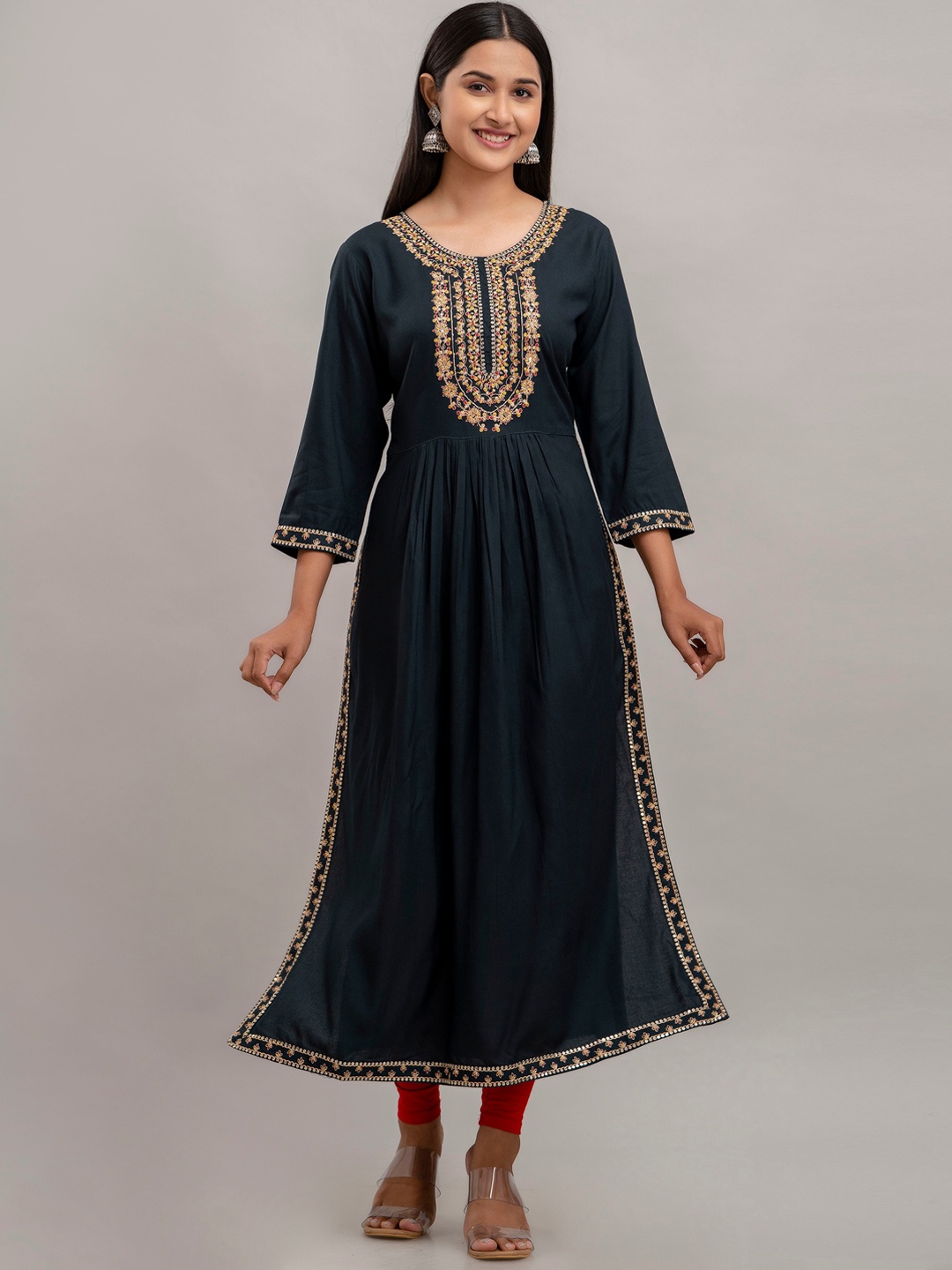 

KALINI Yoke Design Thread Work A-Line Kurta, Blue