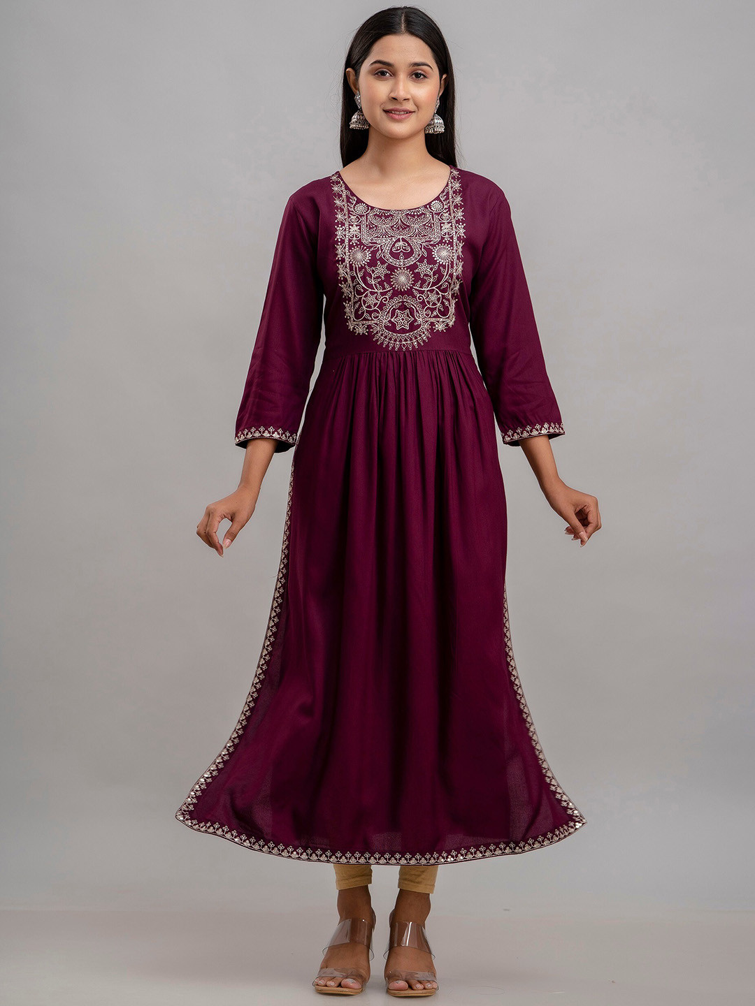 

KALINI Ethnic Motifs Embroidered A-Line Kurta, Maroon