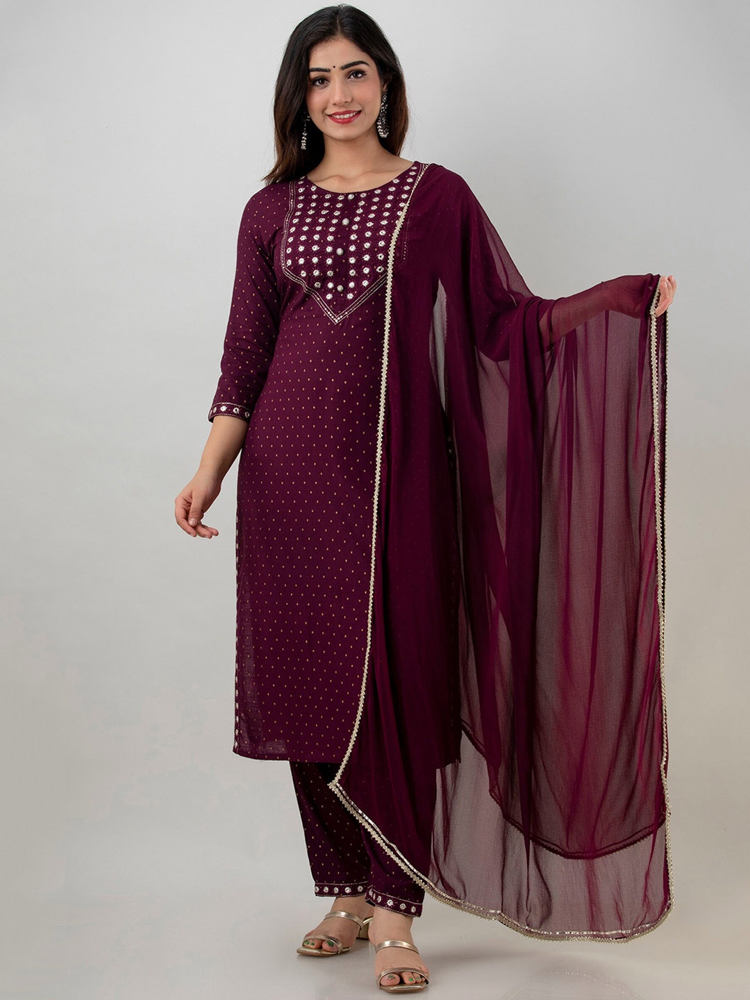 

KALINI Ethnic Motif Printed Thread Work Straight Kurta with Trousers & Dupatta, Maroon