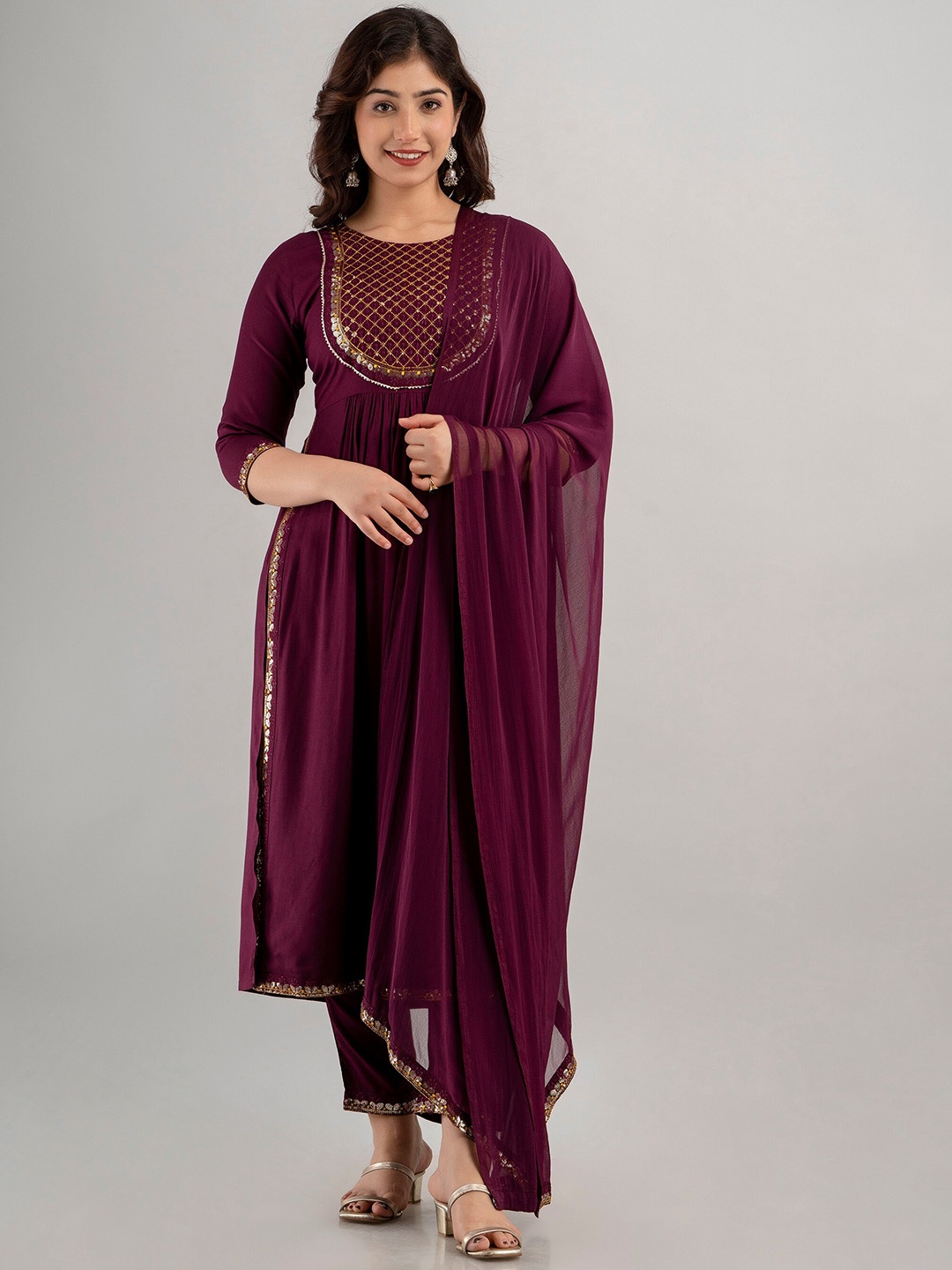 

KALINI Ethnic Motif Yoke Design Straight Kurta & Trousers With Dupatta, Violet