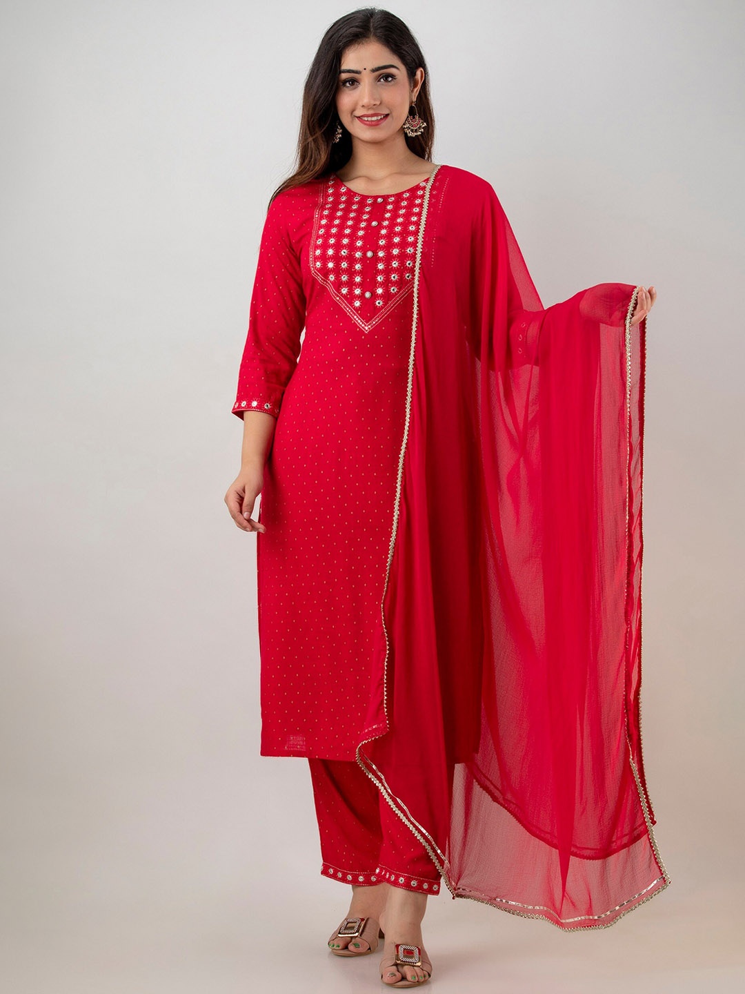 

KALINI Floral Embroidered Mirror Work Straight Kurta With Trousers & Dupatta, Pink