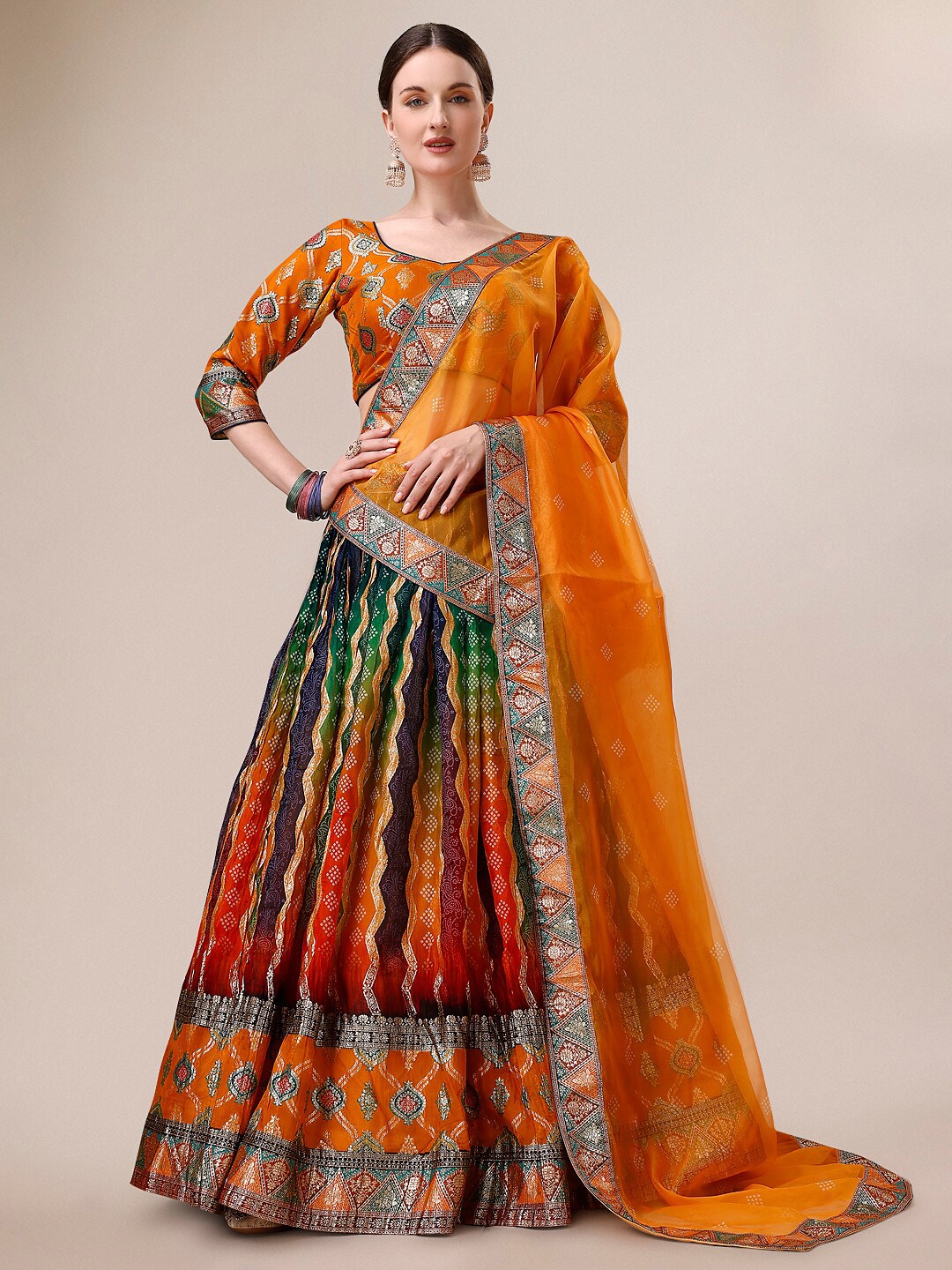 

SAPTRANGI Printed Ready to Wear Lehenga & Blouse With Dupatta, Mustard