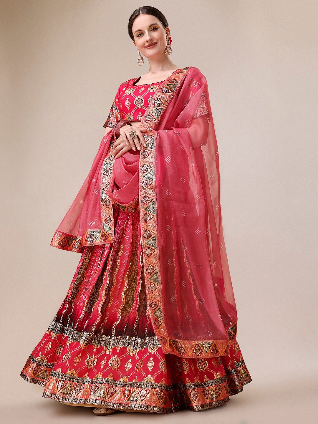 

SAPTRANGI Printed Ready to Wear Lehenga & Blouse With Dupatta, Pink