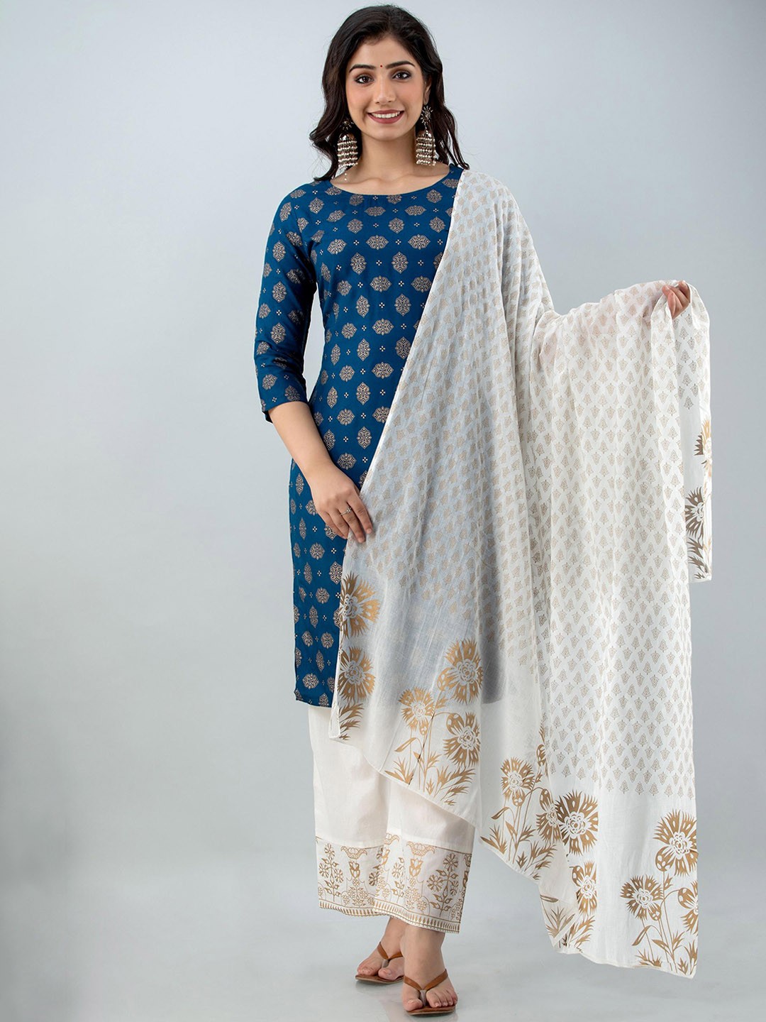 

KALINI Ethnic Motifs Straight Kurta & Trousers With Dupatta, Blue