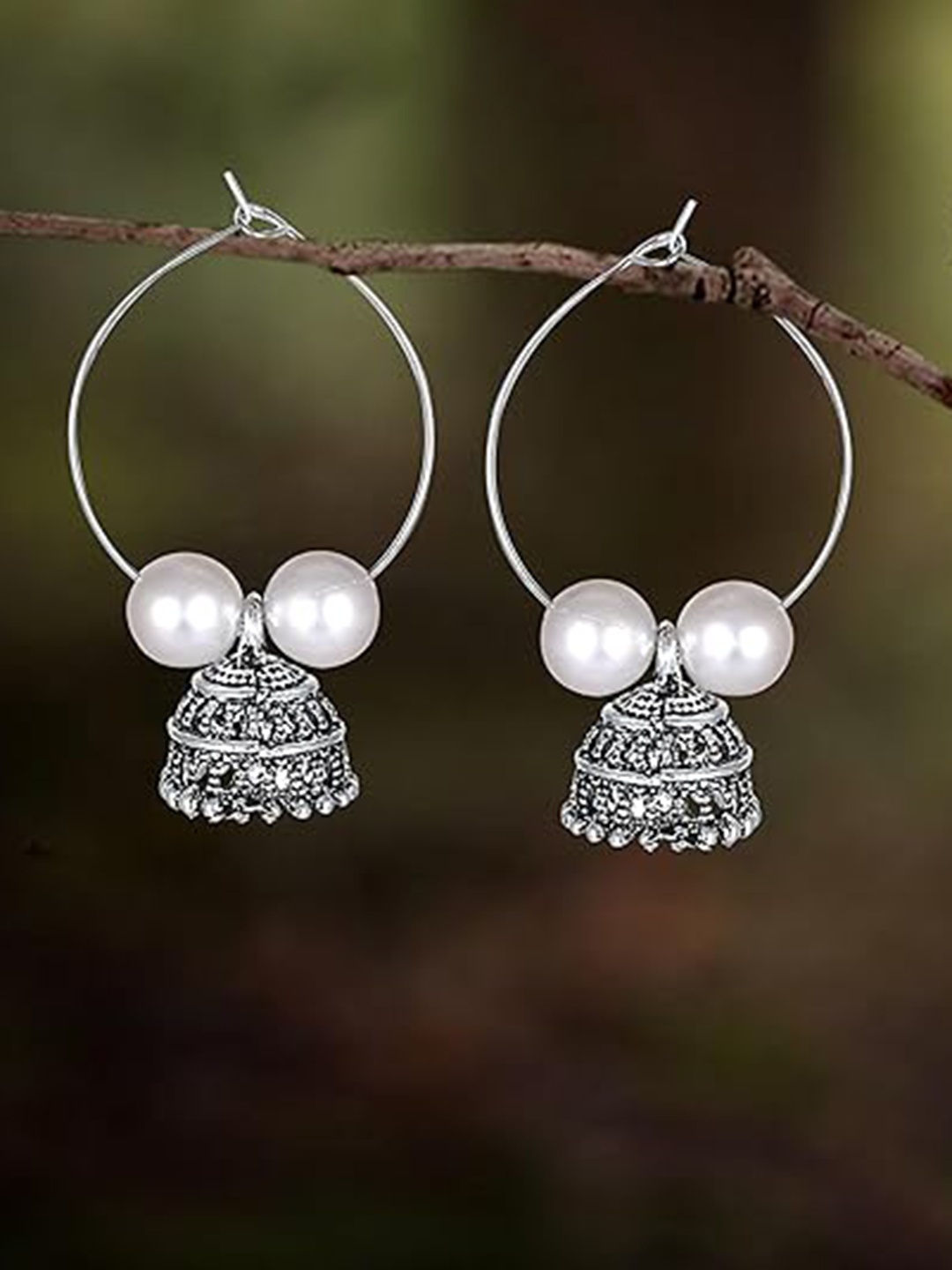 

Vighnaharta Rhodium-Plated Oxidised Contemporary Jhumkas, Silver