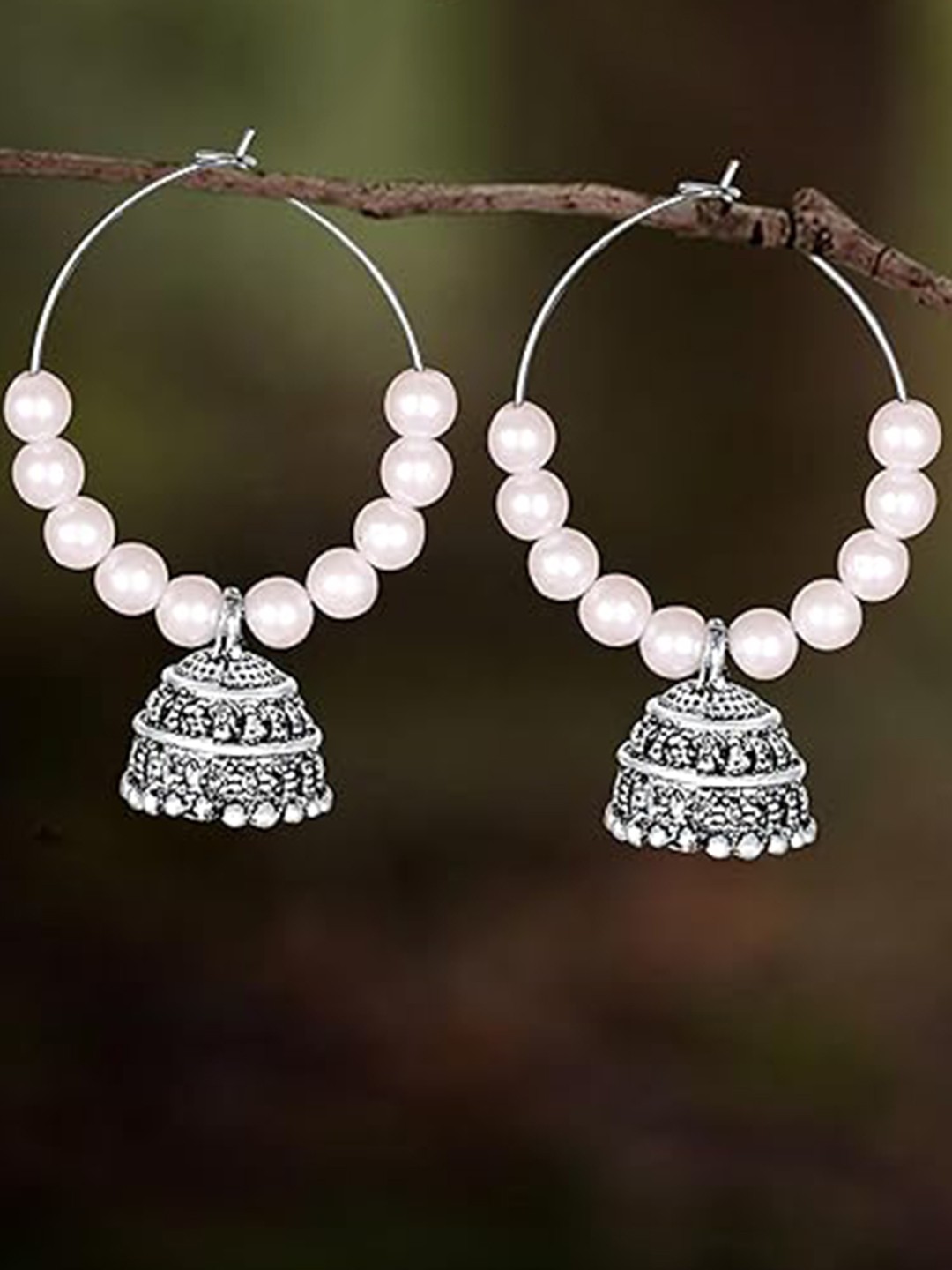 

Vighnaharta Rhodium-Plated Pearls Contemporary Oxidised Jhumkas, Silver
