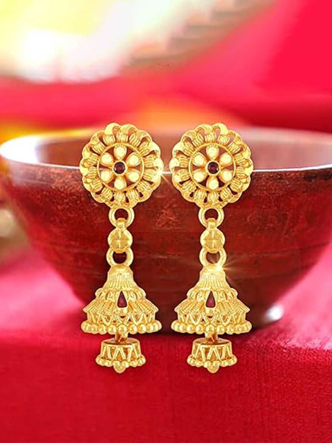 

Vighnaharta Gold-Plated Stone-Studded Dome Shaped Jhumkas