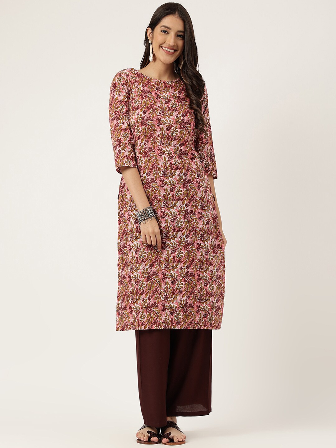 

Cora Floral Printed Round Neck Cotton Straight Kurta, Rust