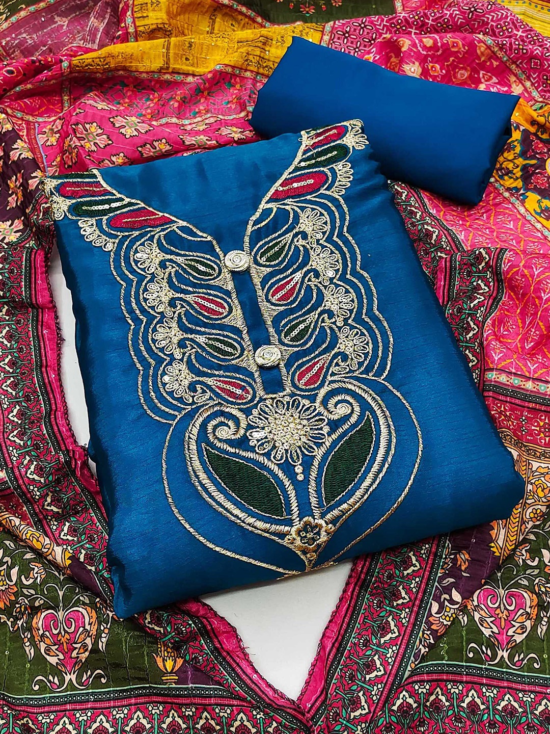 

KALINI Ethnic Motifs Embroidered Sequined Unstitched Dress Material, Blue