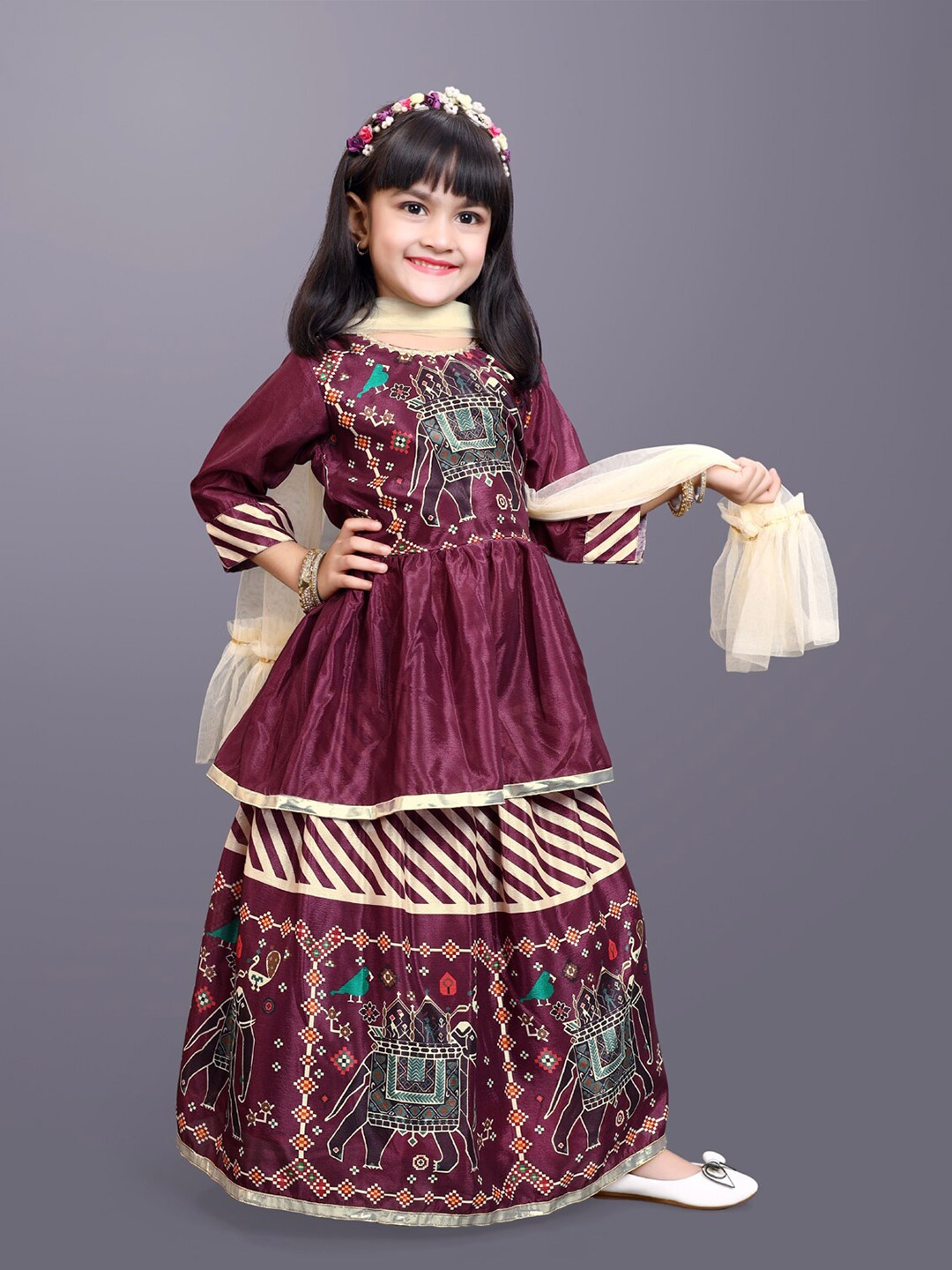 

BAESD Girls Printed Ready to Wear Lehenga & Blouse With Dupatta, Maroon