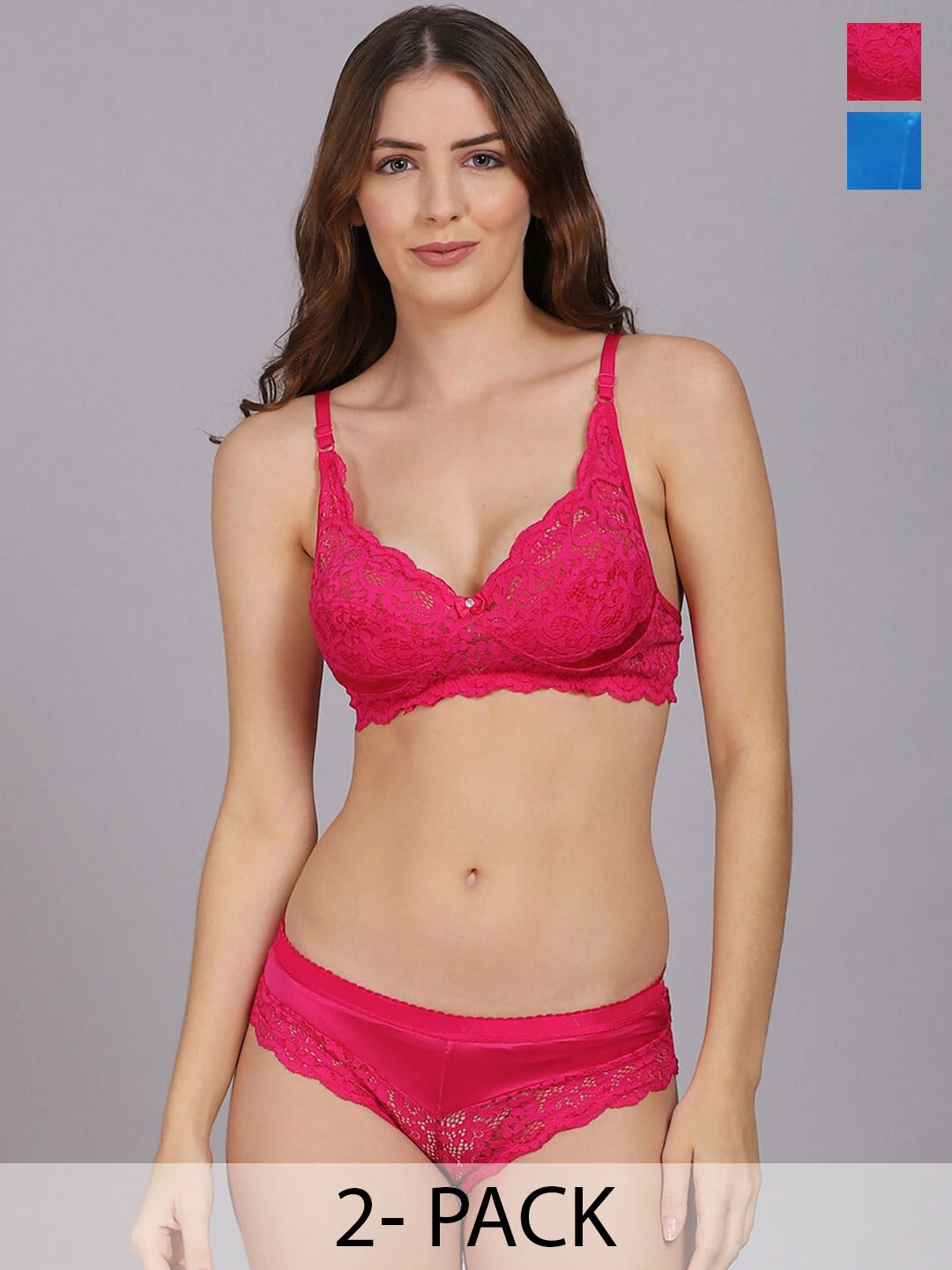 In-Curve Pack of 2 Self Design Cotton Lace Lingerie Set, Red