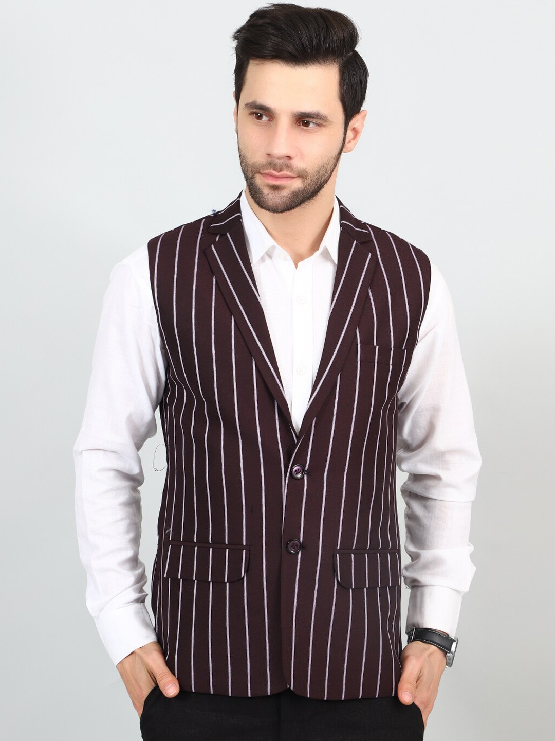 

Wintage Striped Notched Lapel Nehru Jackets, Maroon