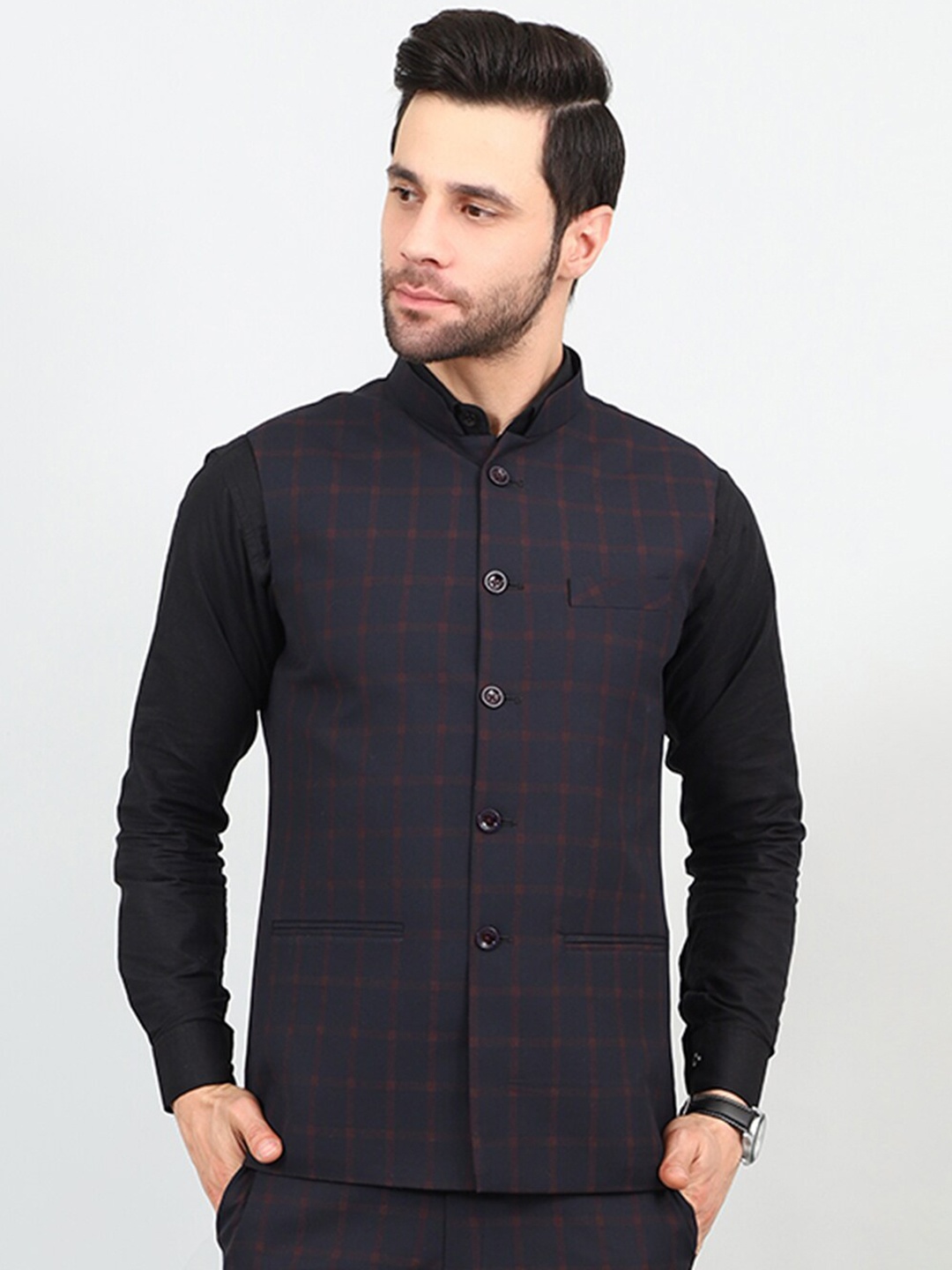 

Wintage Checked Woven Modi Nehru Jacket, Black