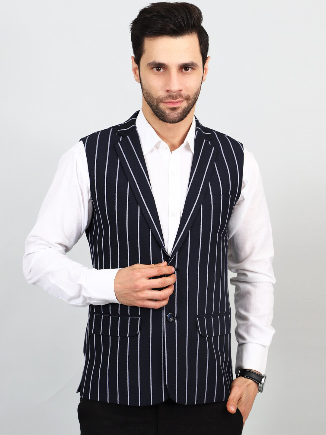 

Wintage Striped Notched Lapel Modi Nehru Jackets, Blue