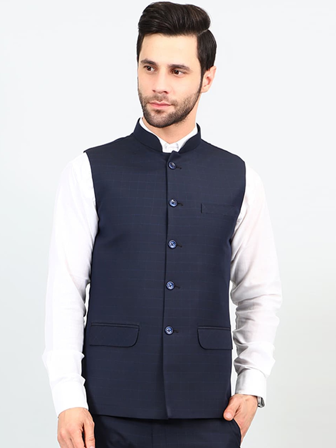 

Wintage Checked Woven Modi Nehru Jacket, Blue