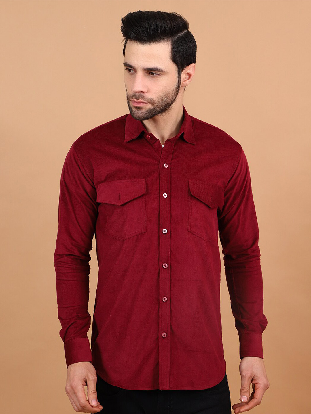 

Wintage Long Sleeves Corduroy Weave Cotton Casual Shirt, Red