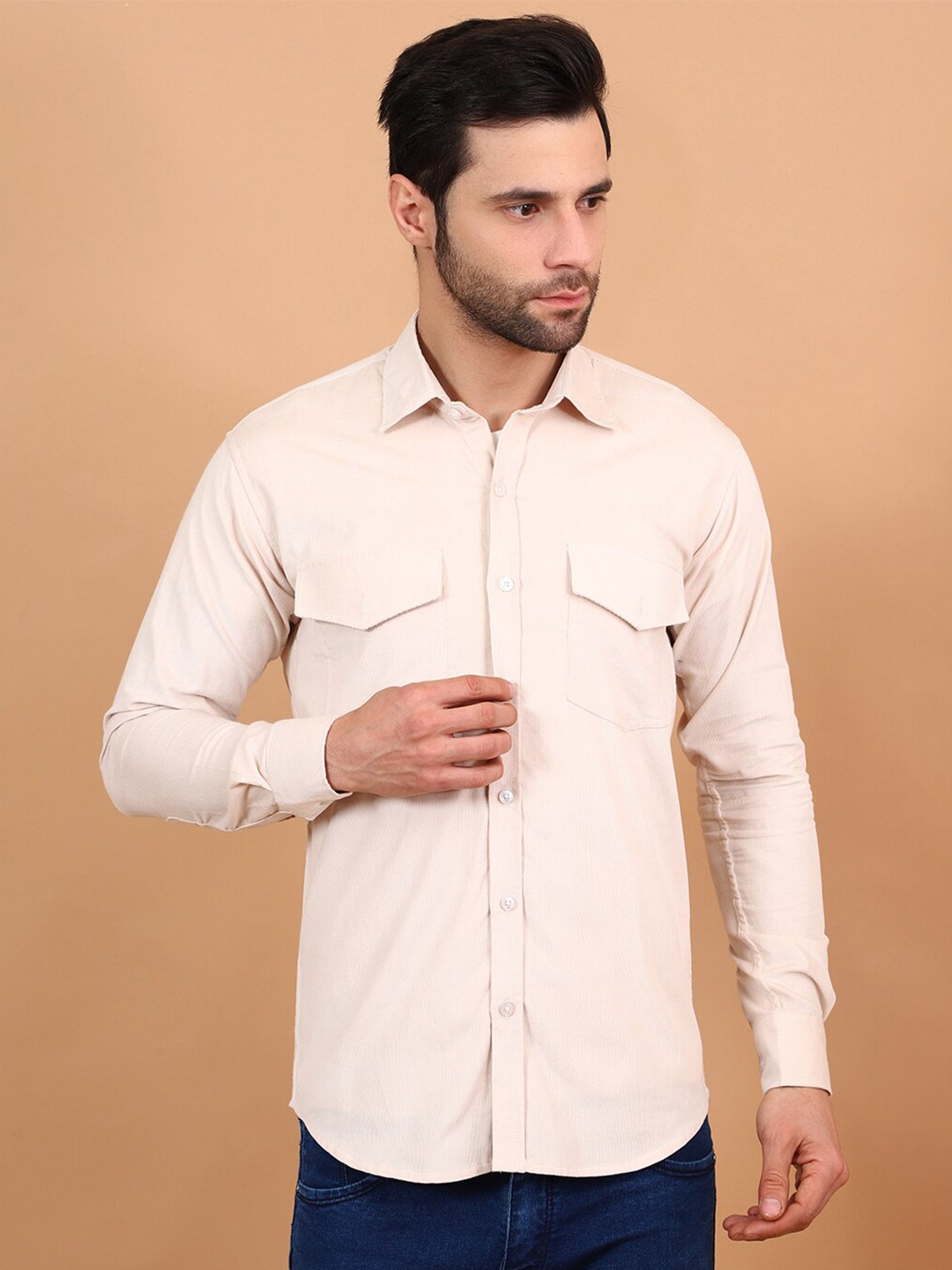 

Wintage Long Sleeves Corduroy Weave Cotton Casual Shirt, Off white