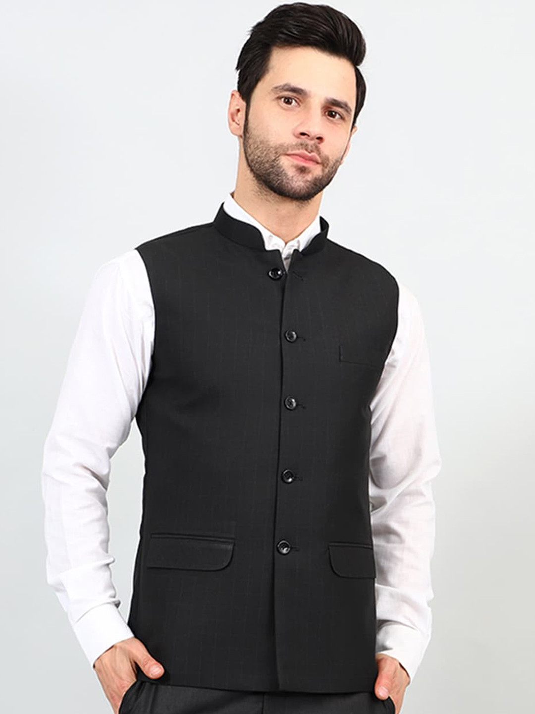 

Wintage Checked Woven Design Modi Nehru Jacket, Black