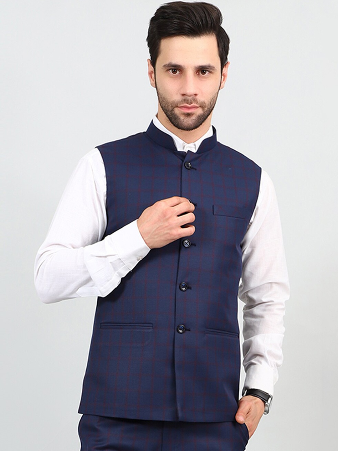 

Wintage Checked Mandarin Collar Modi Nehru Jackets, Blue