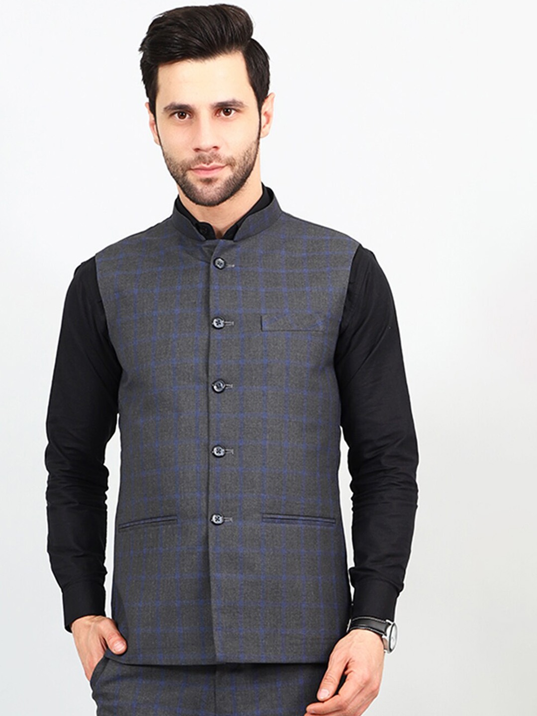 

Wintage Checked Woven Design Modi Nehru Jacket, Grey