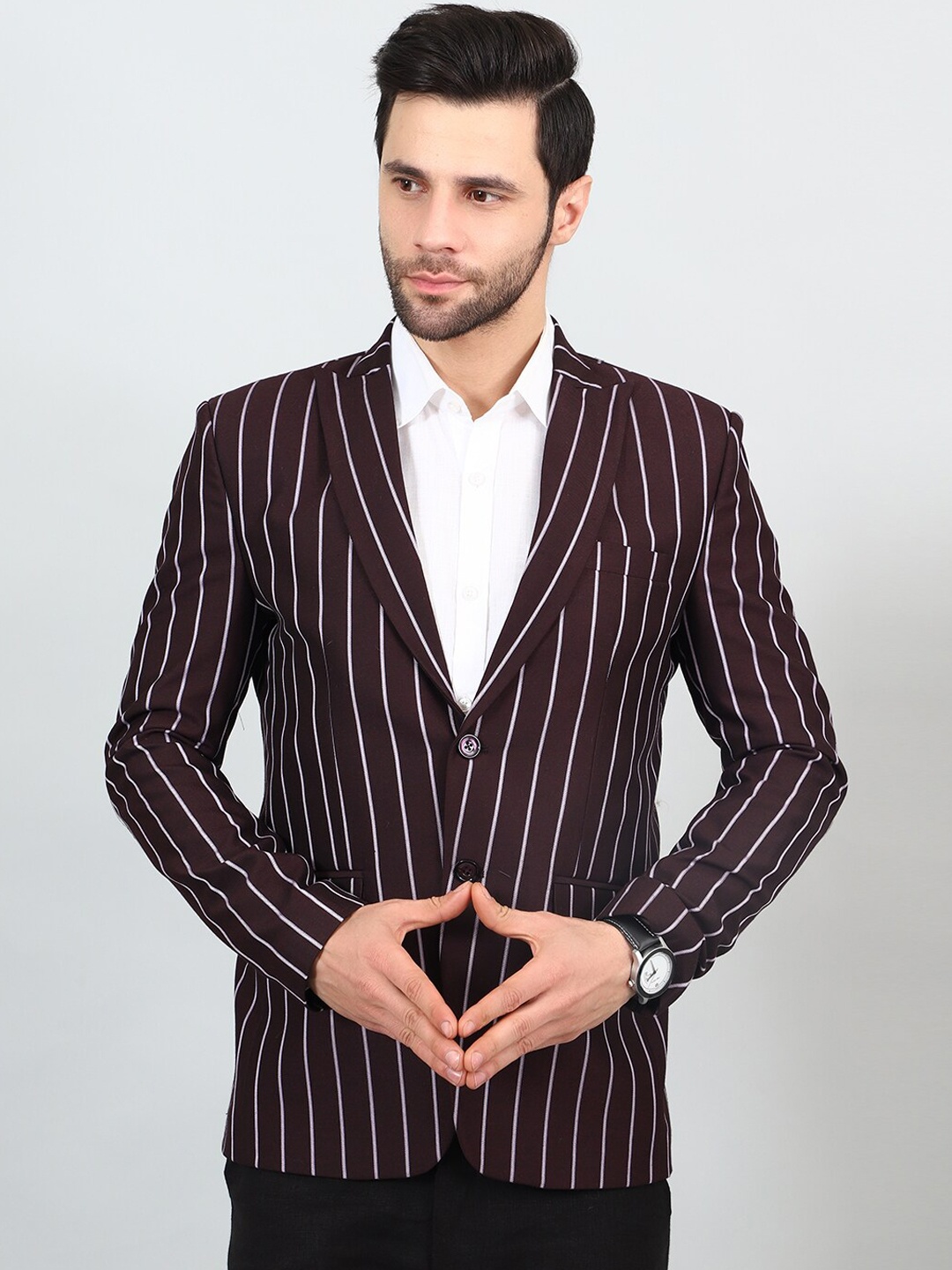 

Wintage Striped Single Breasted Formal Blazers, Maroon