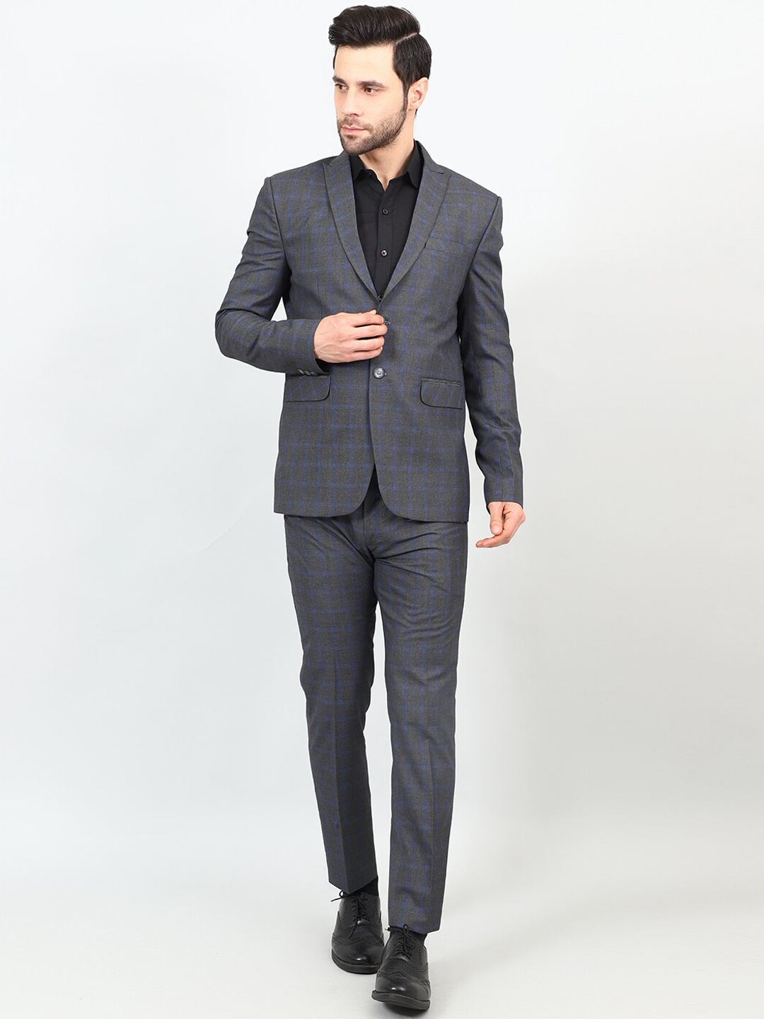 

Wintage Checked Single-Breasted Two-Piece Formal Suit, Grey