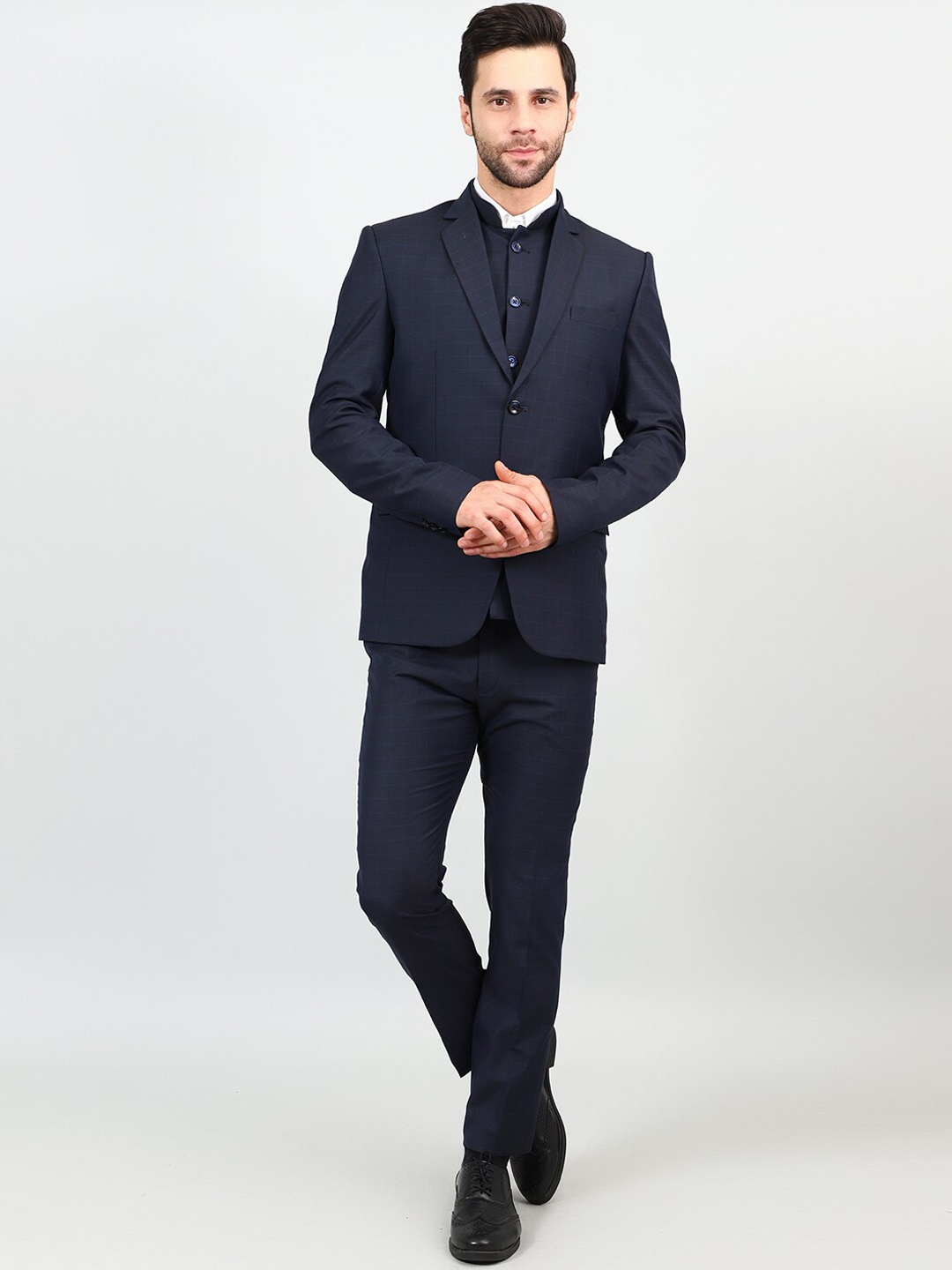 

Wintage Checked Single-Breasted Three-Piece Formal Suit, Blue