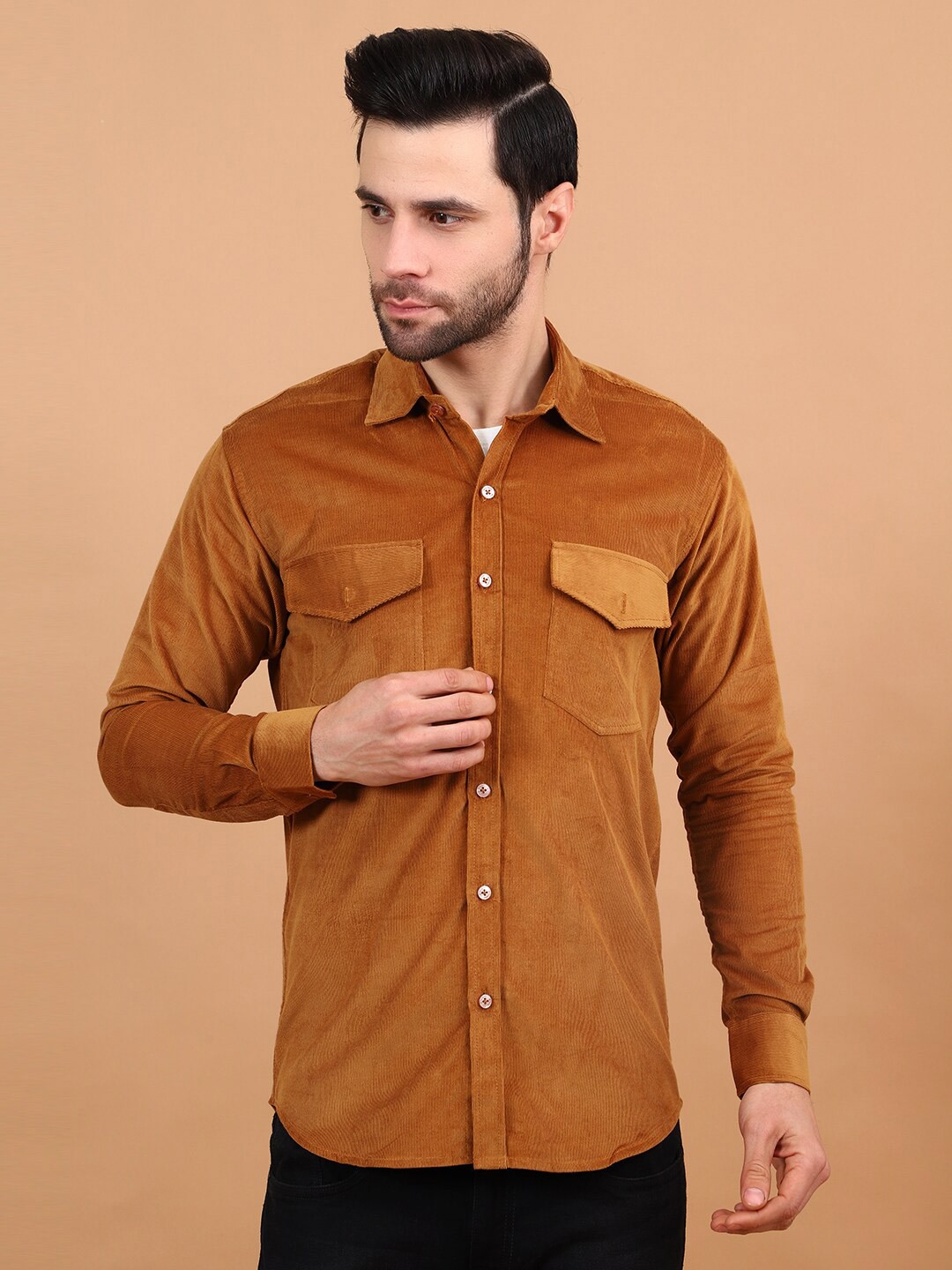 

Wintage Long Sleeves Corduroy Weave Cotton Casual Shirt, Brown