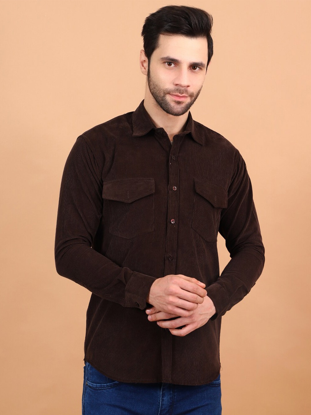

Wintage Long Sleeves Corduroy Weave Cotton Casual Shirt, Brown