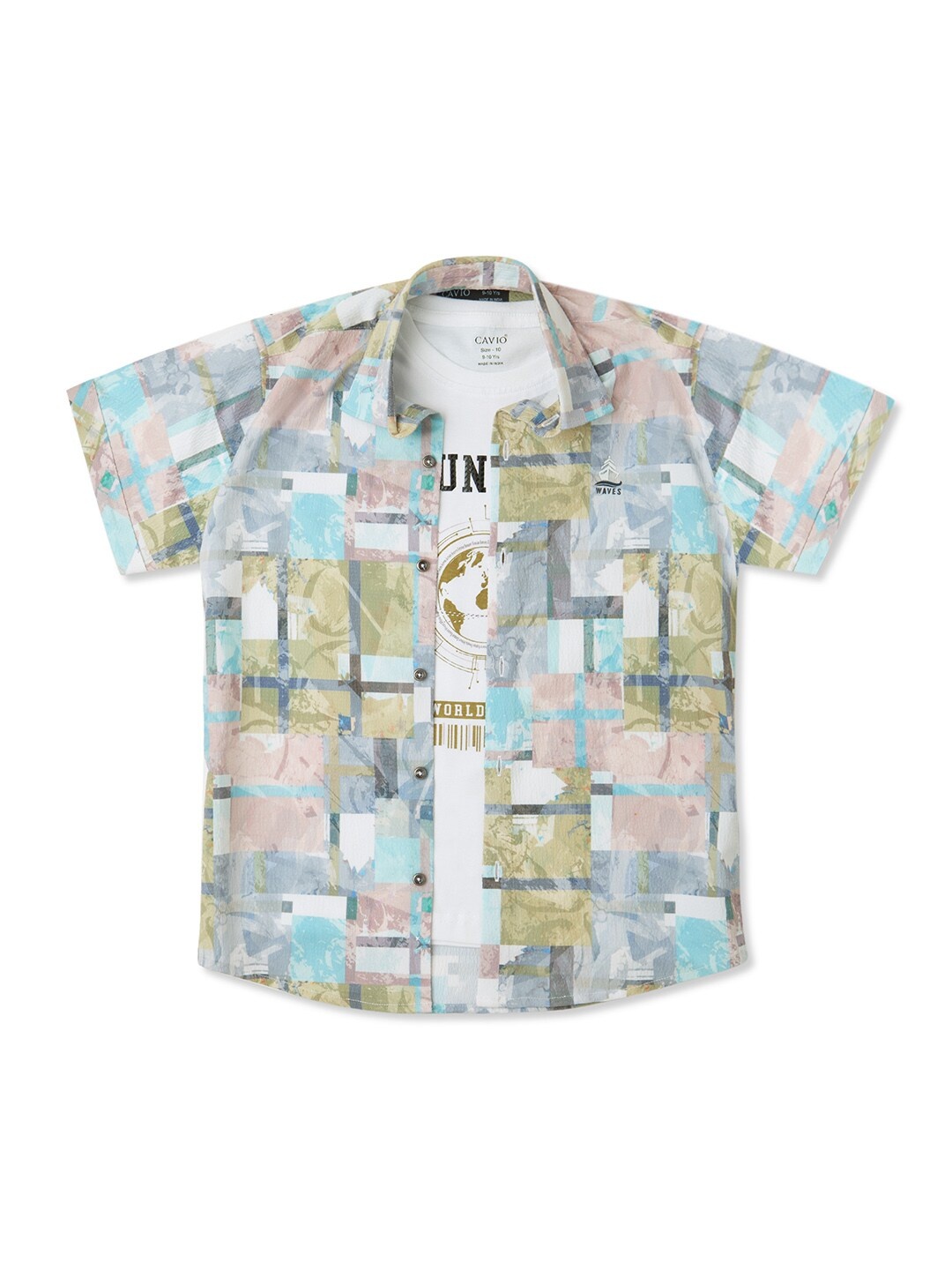 

CAVIO Boys Comfort Printed Pure Cotton Casual Shirt With T-Shirt, Khaki