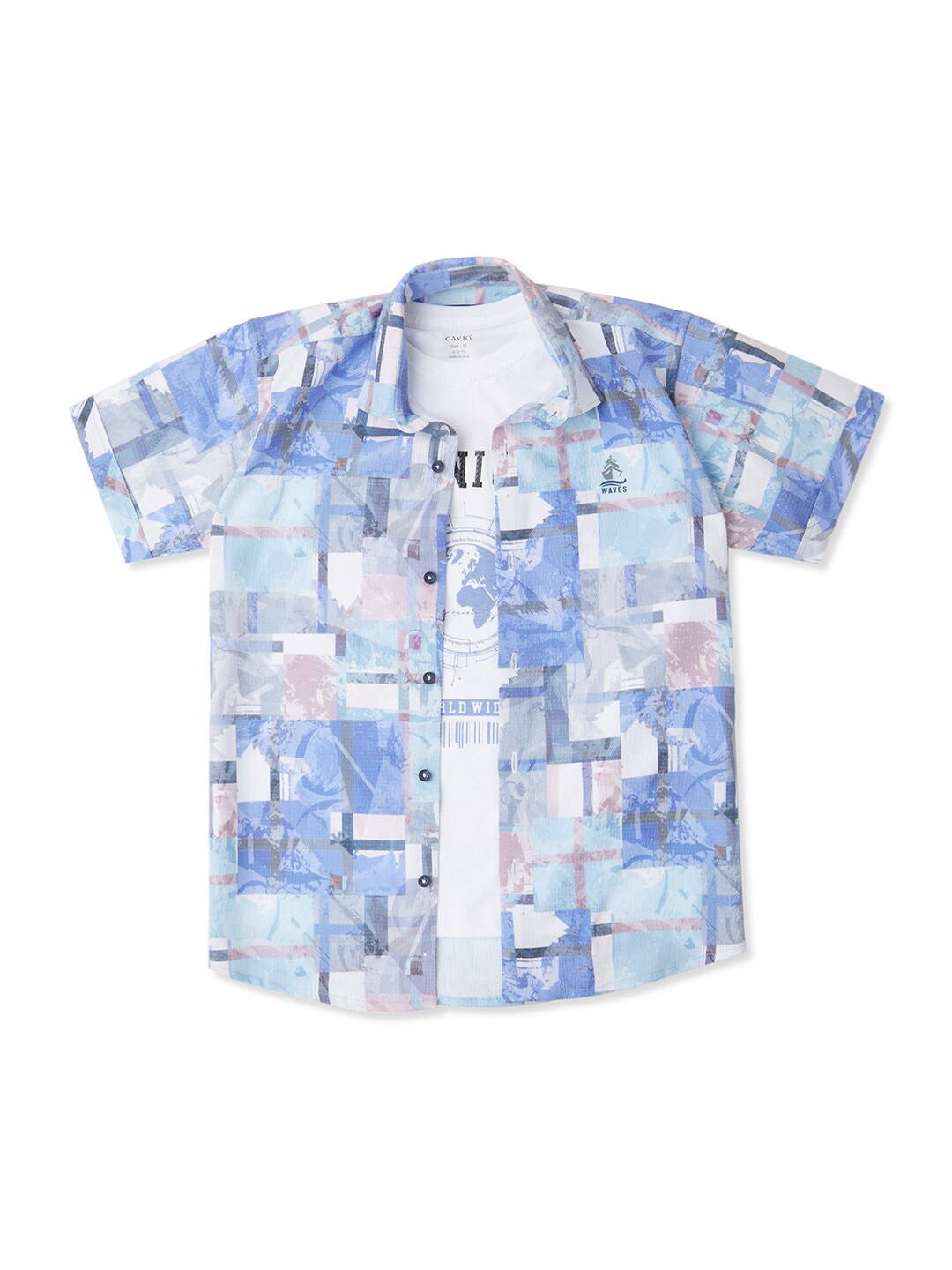 

CAVIO Boys Comfort Geometric Printed Pure Cotton Casual Shirt With T-Shirt, Blue