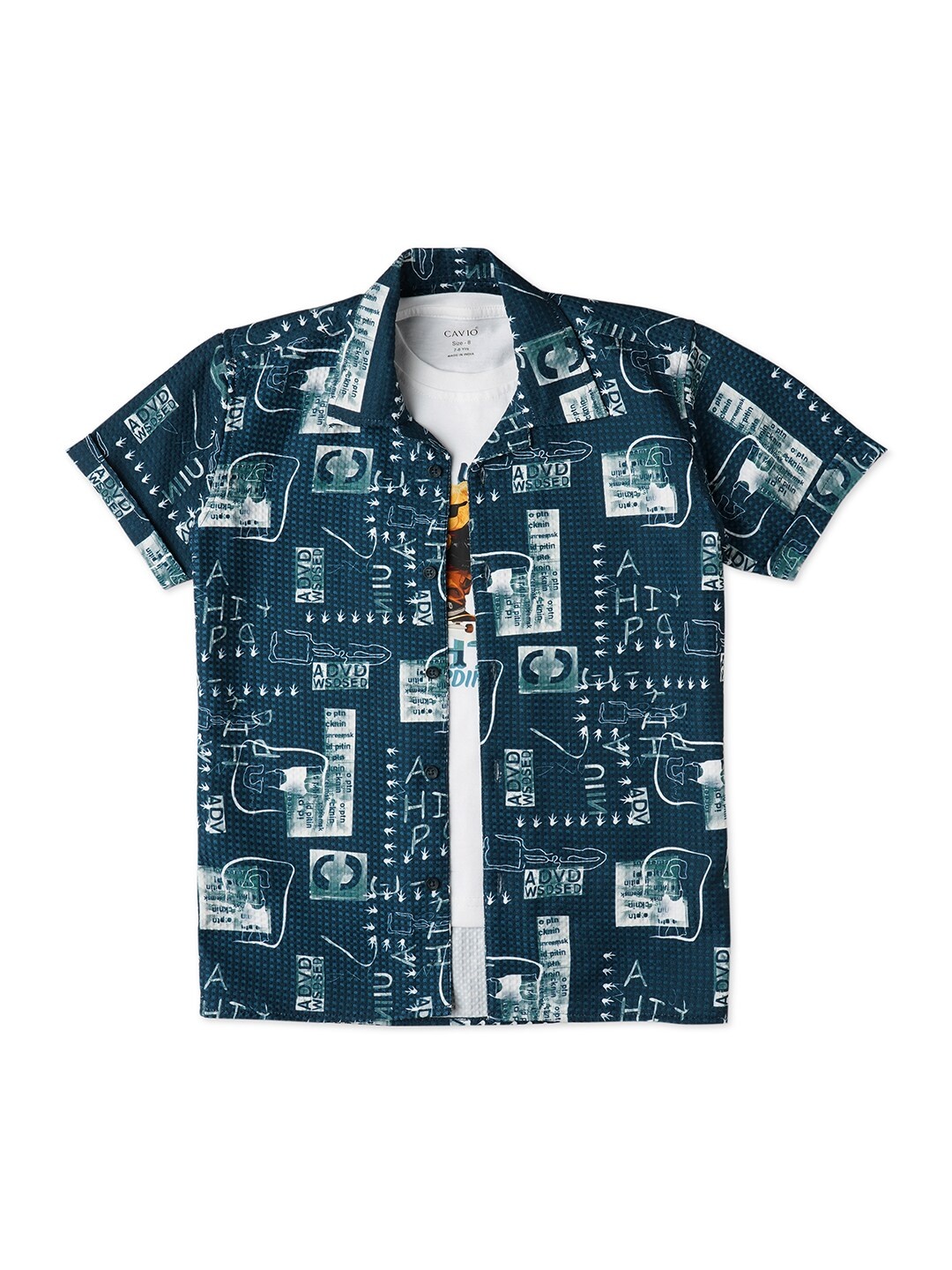 

CAVIO Boys Comfort Printed Pure Cotton Casual Shirt With T-Shirt, Navy blue